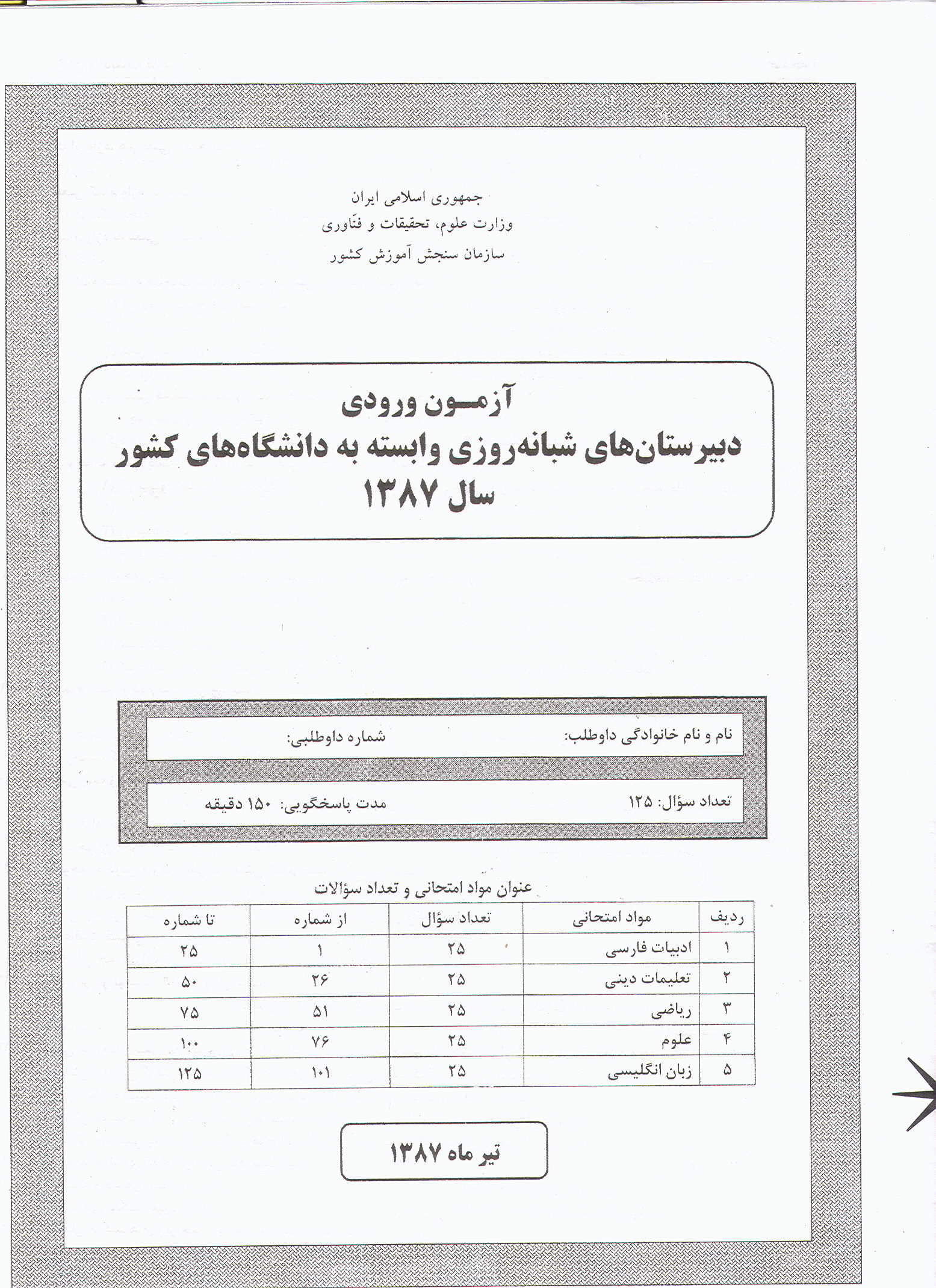 سوالات آزمون ورودی دبیرستان دانشگاه تیرماه 87